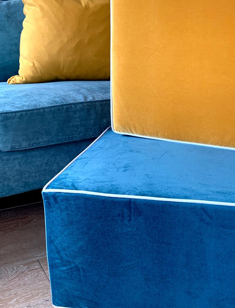 Teal blue and mustard velvet pouffe stack