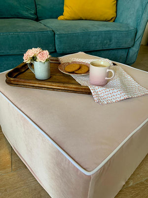 blush pink velvet pouffe table with tray