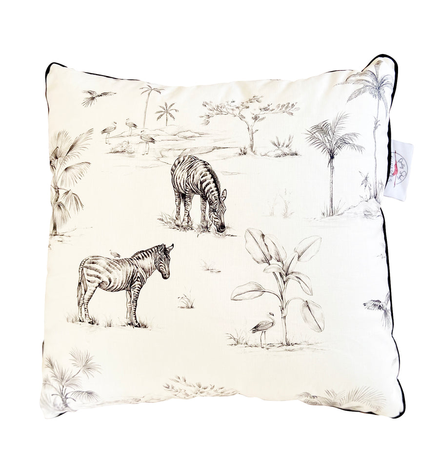 black and white giraffe and elephant print indoor cushion