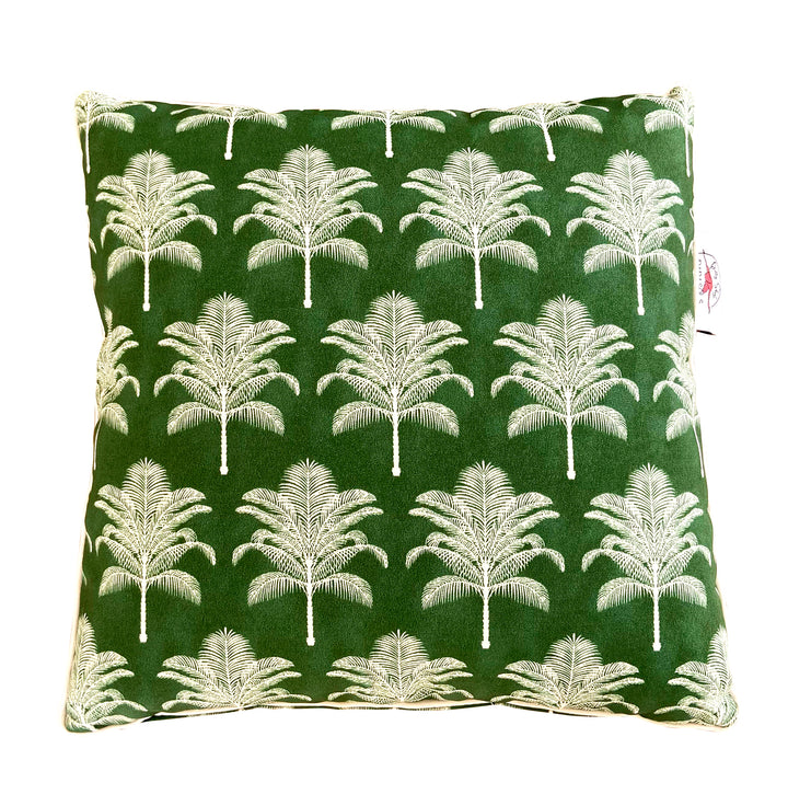 green and white royal palm print indoor and outdoor cushion